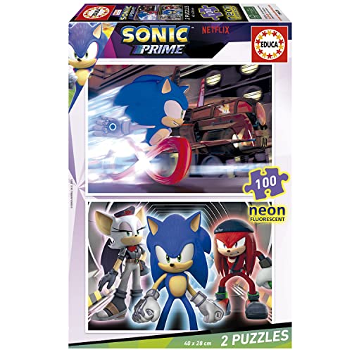Educa - Sonic Prime Neon | Set de 2 Puzzles con 100 Piezas Que Brillan en la Oscuridad. Medida...