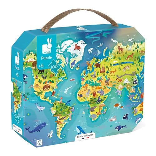 Janod - Puzzle para Niños El Mundo 100 Piezas - Juguete Educativo Motricidad y Concentración -...