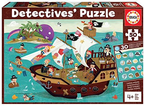 Educa - Detectives Piratas, Puzzle Infantil de 50 Piezas, Móntalo y Busca los Objetos escondidos, 4...