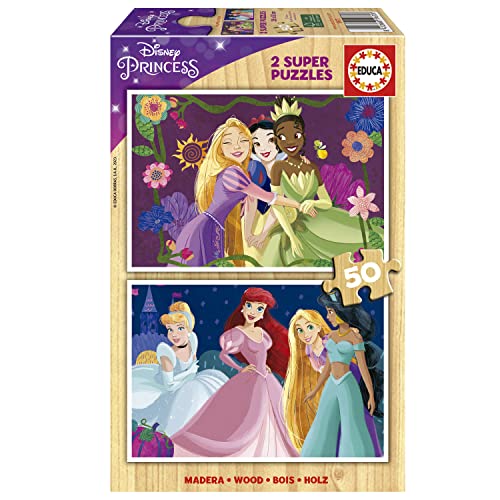 Educa - Disney Princess | Set de 2 Puzzles Infantiles de Madera con 50 Piezas Cada uno. Medida una...