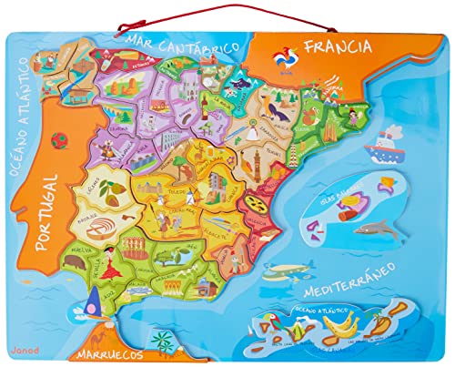Janod - Puzle de Madera Mapa Magnético de España - 50 piezas imantadas - Juego Educativo...