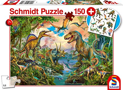 Schmidt Puzzle Infantil de Dinosaurios Salvajes, Incluye Tatuajes, 150 Piezas, Multicolor, tamaño...